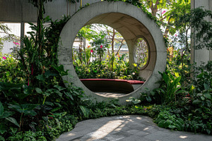 Circular seating area surrounded by, a Photo by Tanuart