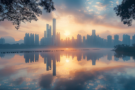 A tranquil city skyline at sunset re, a Photo by LOGOCREATIVE