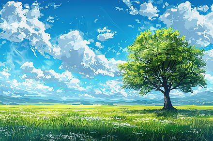 Lush green field under blue skies wi, a Photo by LOGOCREATIVE