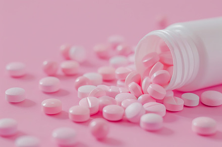 Medicine pills and white plastic bottle on pink background, a Health & Medical Photo by AlyaAnd