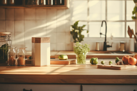 Modern Kitchen Counter with Fresh Produce and Natural Light, an Abstract Photo by Natalia Klenova's Shop