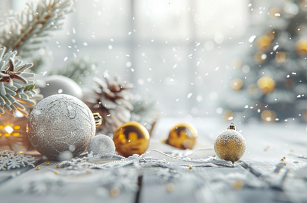Christmas postcard with ornaments, Christmas tree in snow agains, a Photo by Dvoevnore photos