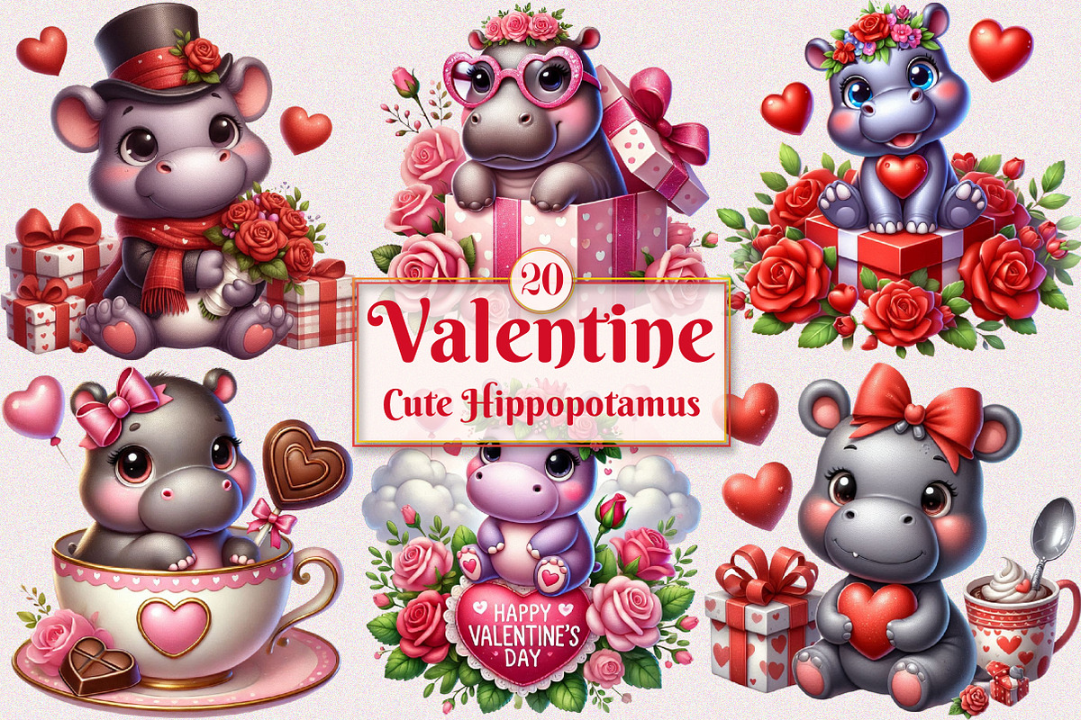 Valentine Cute Hippopotamus Clipart, a Seasonal Illustration by Craft Nest (Photo 1 of 5)