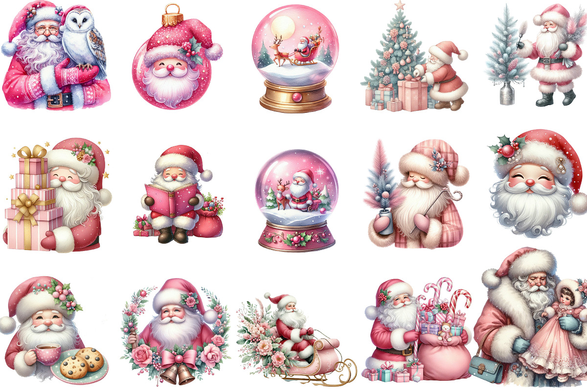 Vintage Pink Christmas Santa Clipart, an Illustration by Designking (Photo 2 of 5)