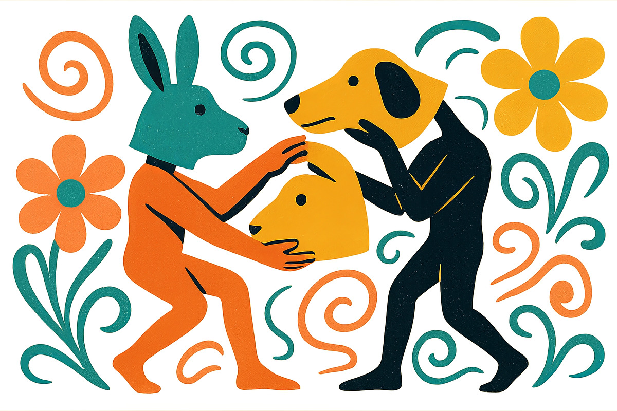 Surreal animal-headed figures in col, an Illustration by Dvoevnore photos