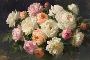 Romantic oil painting displaying a lush bouquet of pink, white,, an Illustration by Studio ANNA
