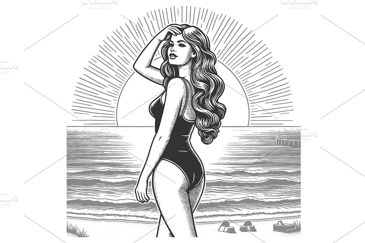 woman in swimsuit at beach vector, a Person Illustration by AlexArt