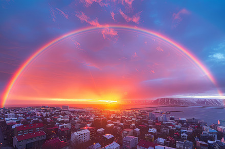 Stunning Aerial View of Reykjavik at Sunset with Full Rainbow Arch Over City, a Photo by AS photostudio