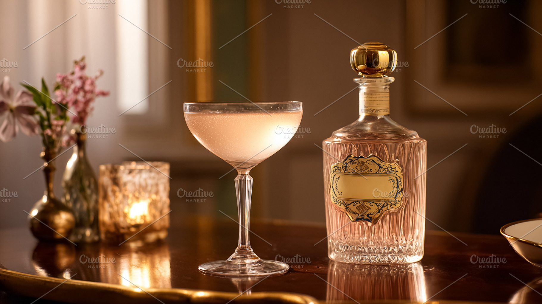 Pink cocktail glass and vintage alcohol decanter on an ornate ba, a Photo by Studio ANNA