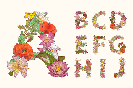 Floral alphabet+digits+punctuation