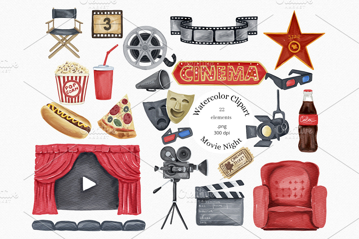 Watercolor Movie Night Clipart, an Illustration by MiracleArtAndDesign (Photo 1 of 2)
