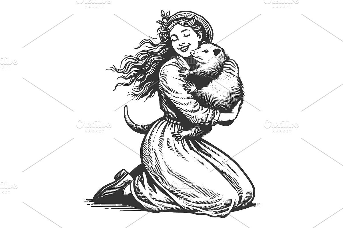 Woman embracing possum engraving, a Person Illustration by AlexArt