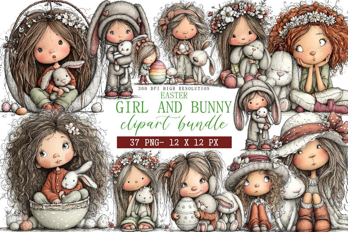 Easter Girl and Bunny Clipart, an Illustration by DreamArtGraphic (Photo 1 of 4)