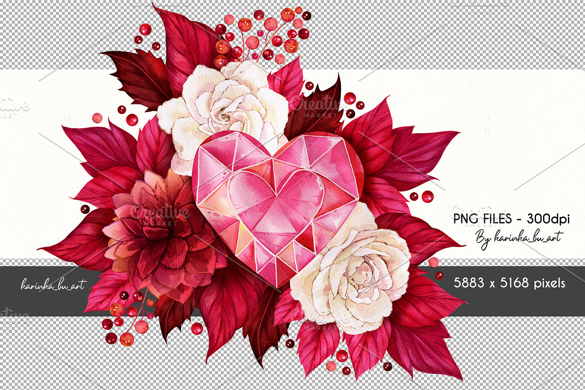 Red Valentines Day bouquets 12 PNG, a Decorative Illustration by KarinkaBU (Photo 4 of 5)