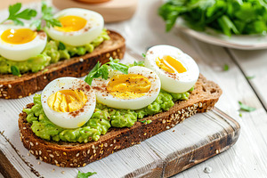 Toast rye bread with avocado puree and hard boiled eggs on wooden table, a Food & Drink Photo by AlyaAnd