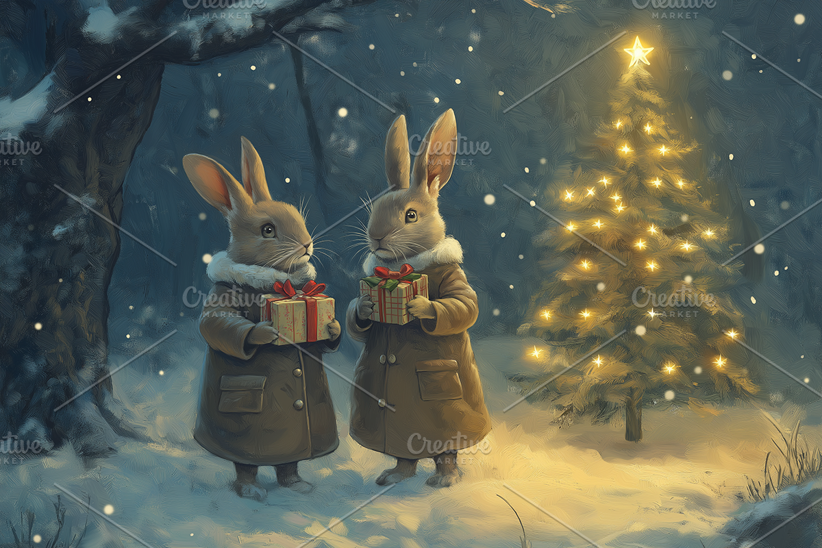 Winter Rabbits Christmas Wall Art, an Animal Illustration by Art Paradise Studios