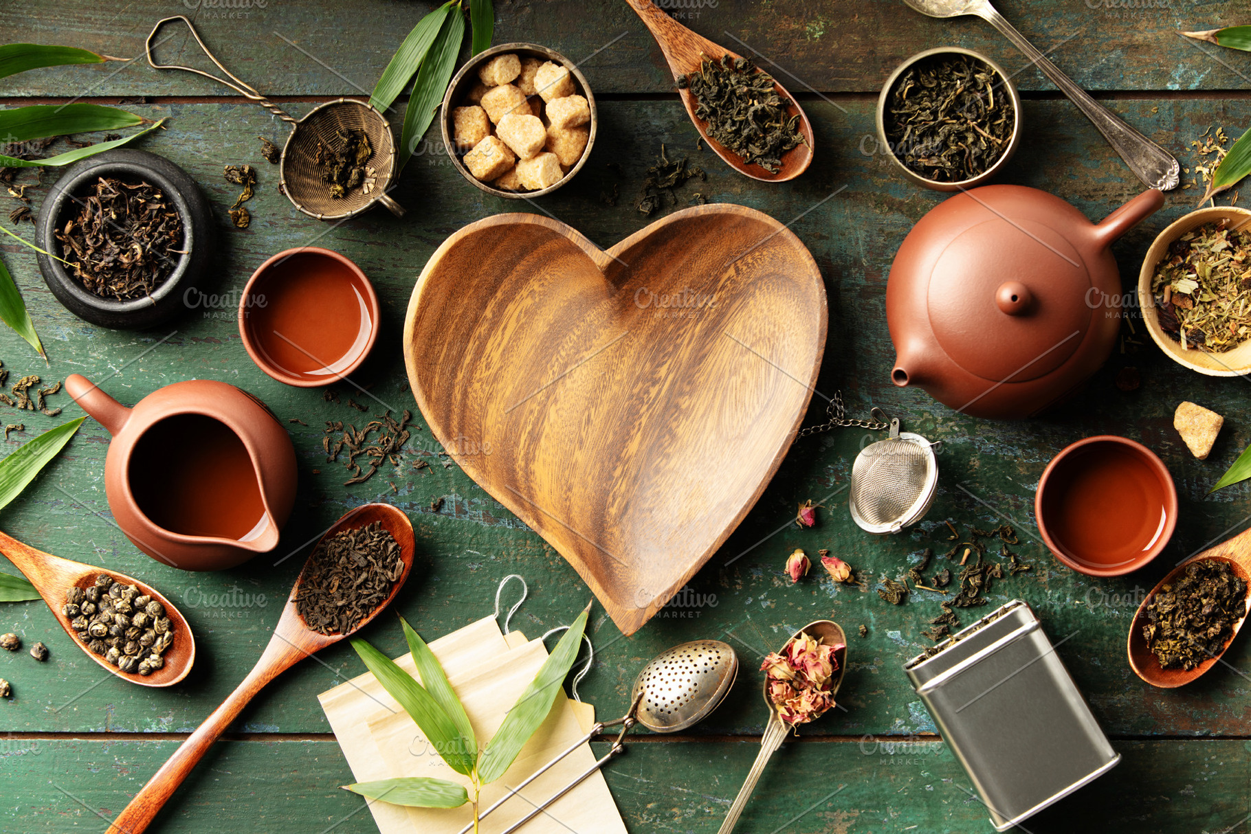 Heart-Shaped Bowl with Teaware and Tea Leaves on Rustic Backgrou, a Food & Drink Photo by Natalia Klenova's Shop