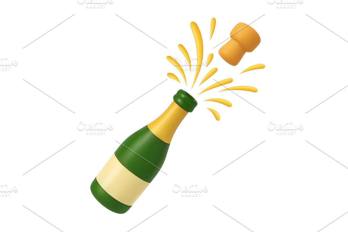 3D champagne bottle popping with, a Food Illustration by ModVector