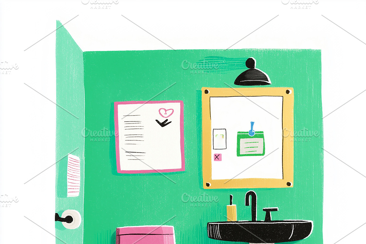 A colorful bathroom with green walls, an Empty State Illustration by Sybillla
