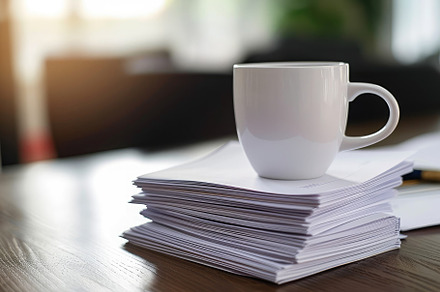 A neat stack of papers is placed on, a Photo by Iftikhar Alam