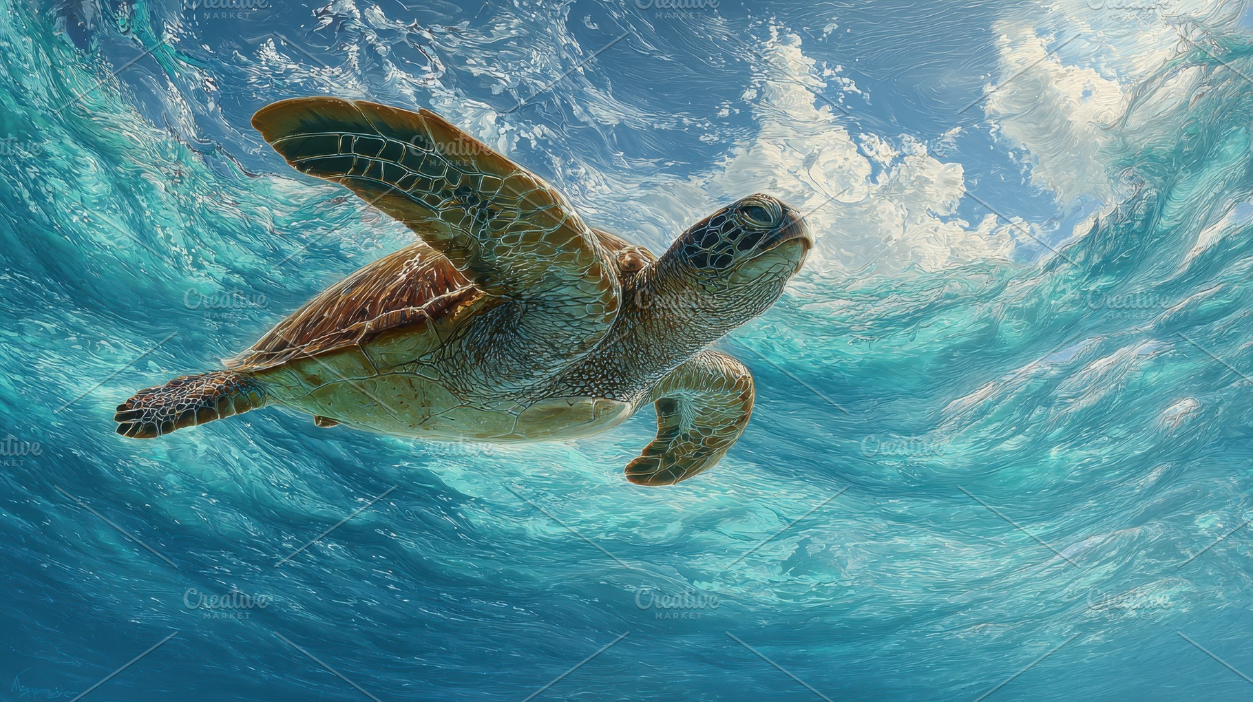 A green turtle swims in clear ocean, a Photo by Pavel_design