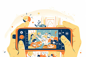 Hands Holding Smartphone Capturing Lively Scene of Gathering and Interaction, an Illustration by AS photostudio