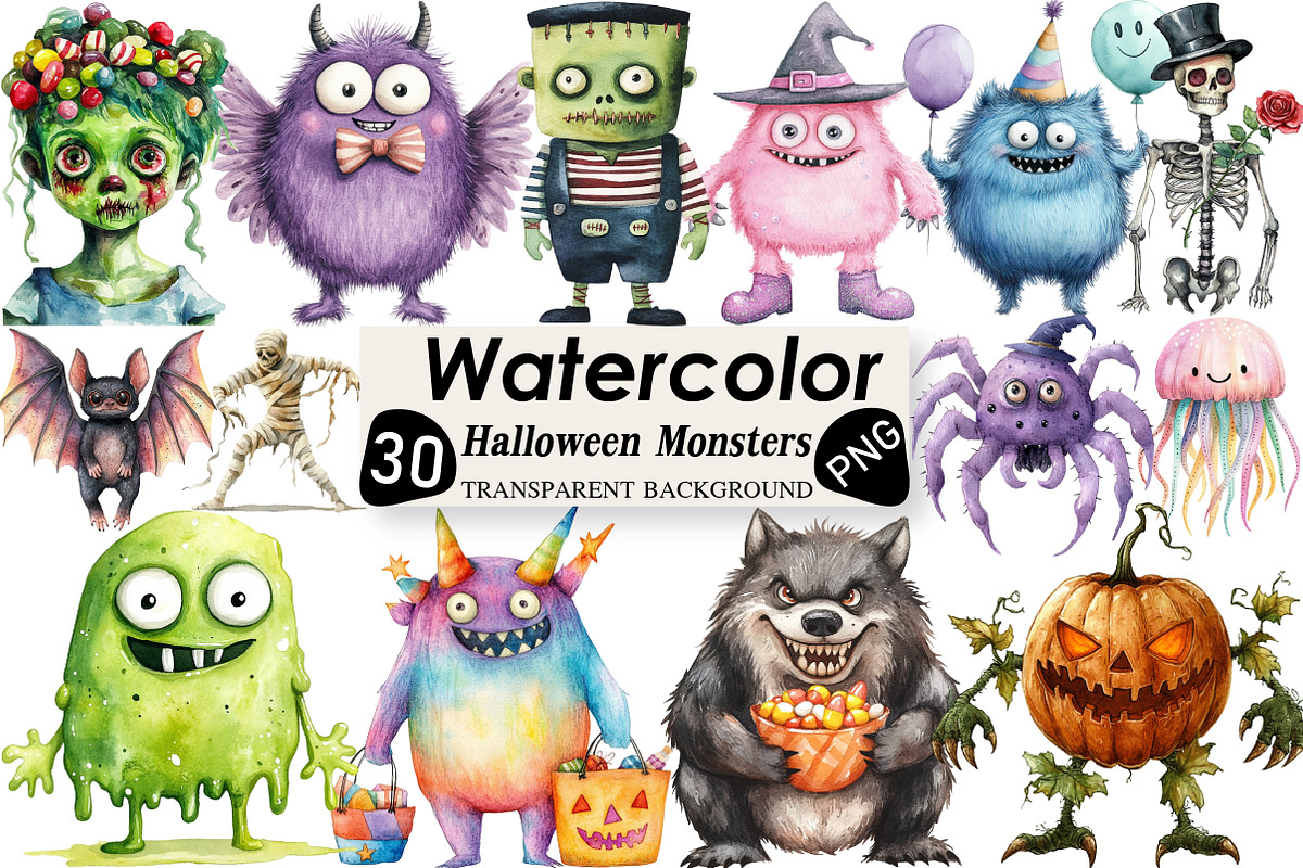 Cute Halloween Monsters Clipart, an Illustration by Black Bird Studio (Photo 1 of 6)