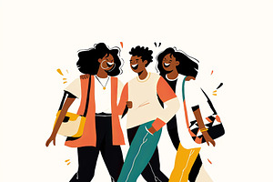 Group of friends laughing and walking together with enthusiasm and joy, an Illustration by AS photostudio