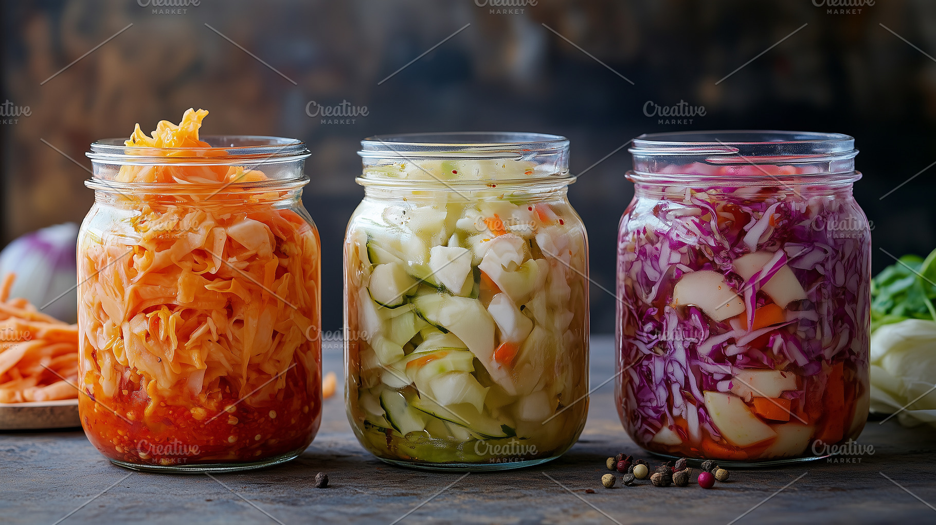 Three jars of colorful fermented, a Food & Drink Photo by MistyDay