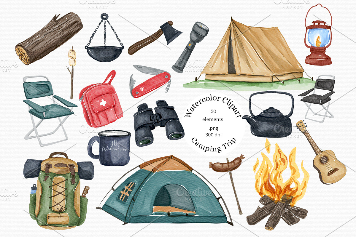 Watercolor Camping Gear Clipart Set, an Illustration by MiracleArtAndDesign (Photo 1 of 2)