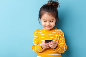 Young girl in yellow striped shirt, a Technology Photo by MistyDay