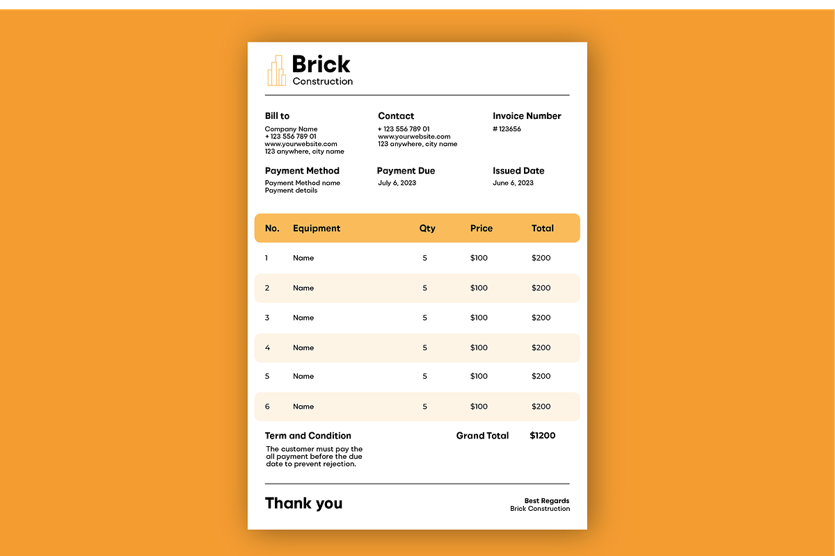 Construction company Invoice Layout, a Stationery Template by NimraAmjad