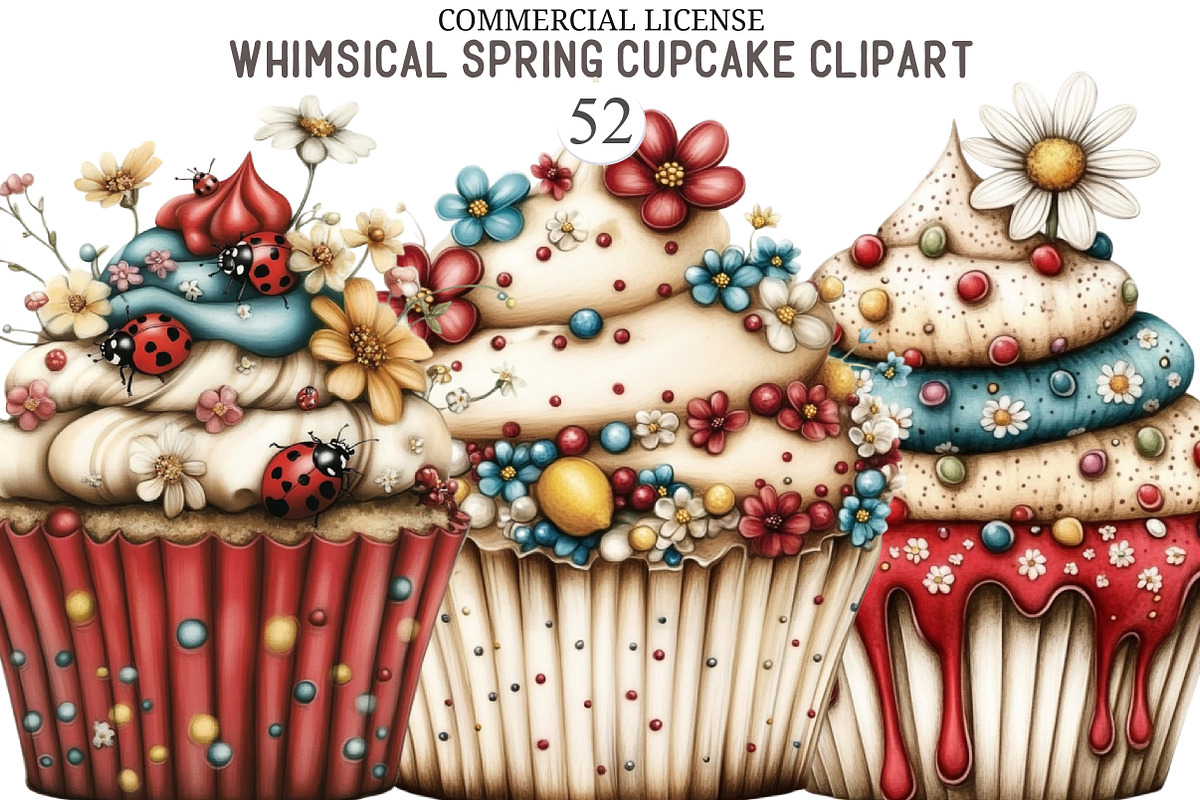 Whimsical Spring Cupcake Clipart, an Illustration by designcity5 (Photo 1 of 5)