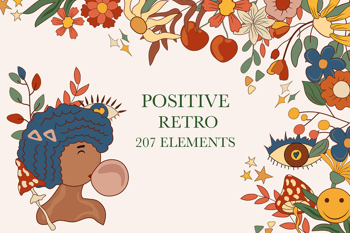 POSITIVE RETRO, BOHO GROOVY CLIPART, a Decorative Illustration by Usis (Photo 1 of 20)