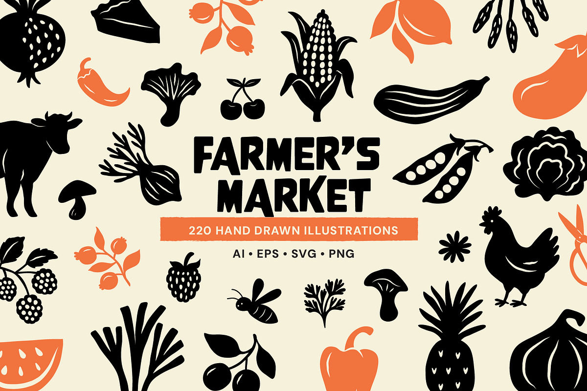 FARMERS MARKET, HAND DRAWN SET, a Food Illustration by NatalieArtShop (Photo 1 of 14)