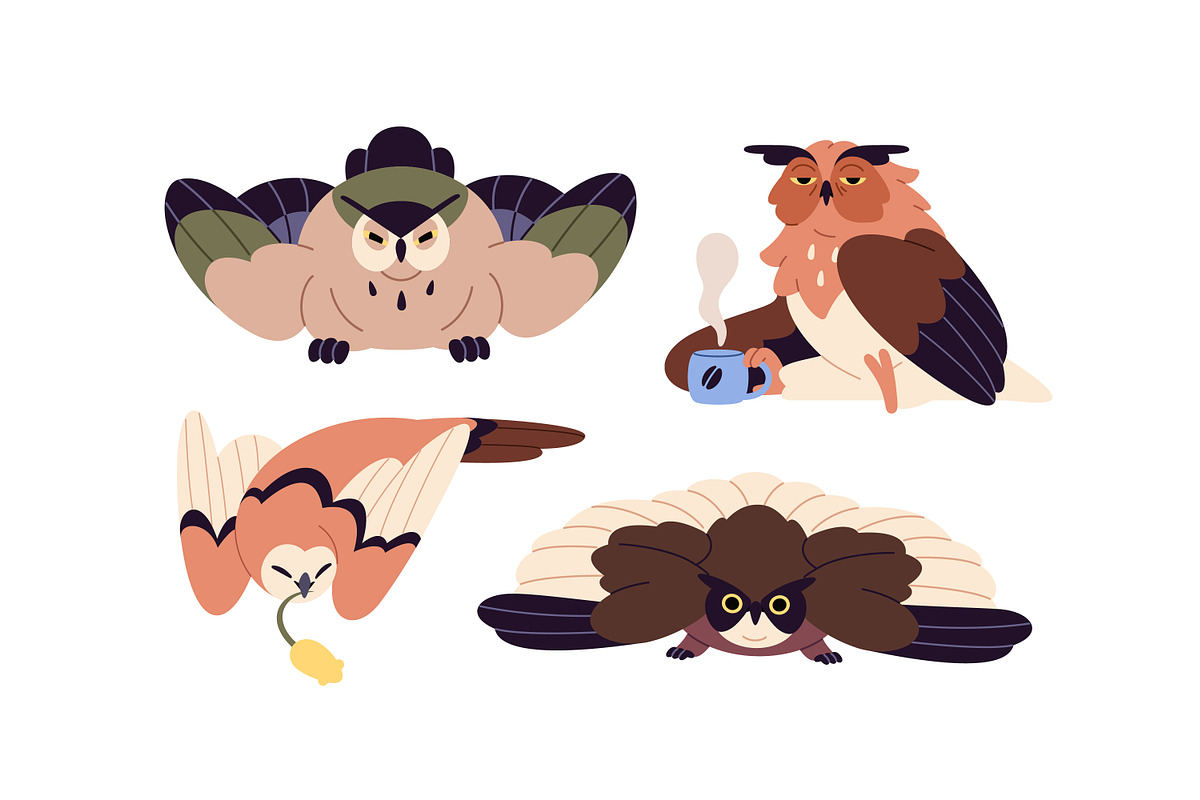 Funny owls, forest birds set, an Animal Illustration by PaperTrident (Photo 3 of 6)