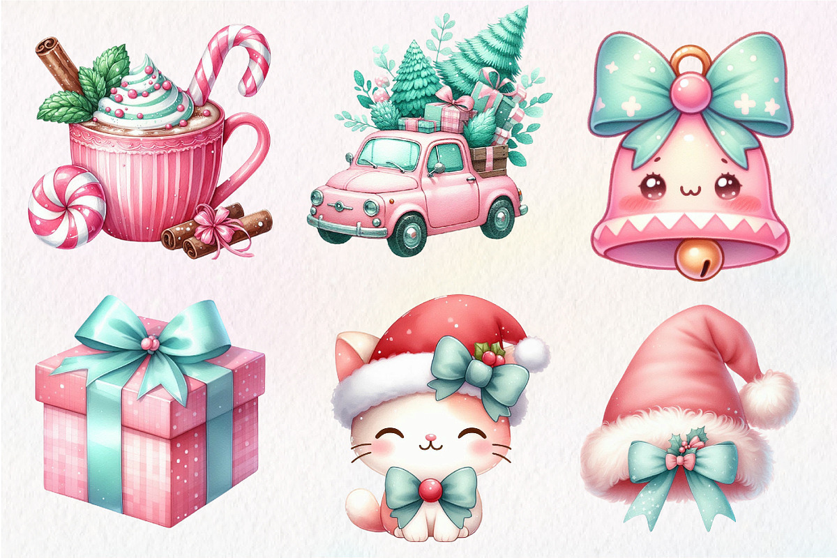 Kawaii Pink Mint Christmas Clipart, an Illustration by Dream Creation (Photo 3 of 7)