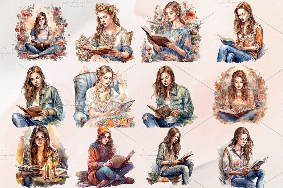 Cozy Reading Watercolor Clipart, an Illustration by Jalina Clipart Studio (Photo 2 of 8)