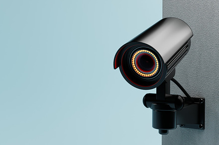 CCTV Security camera isolated on wall at blue background. Safe a, a Technology Photo by Ministocker