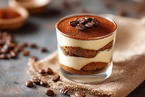 Tiramisu dessert in a glass served with cocoa and coffee beans on a rustic tabl, a Food & Drink Photo by AlyaAnd