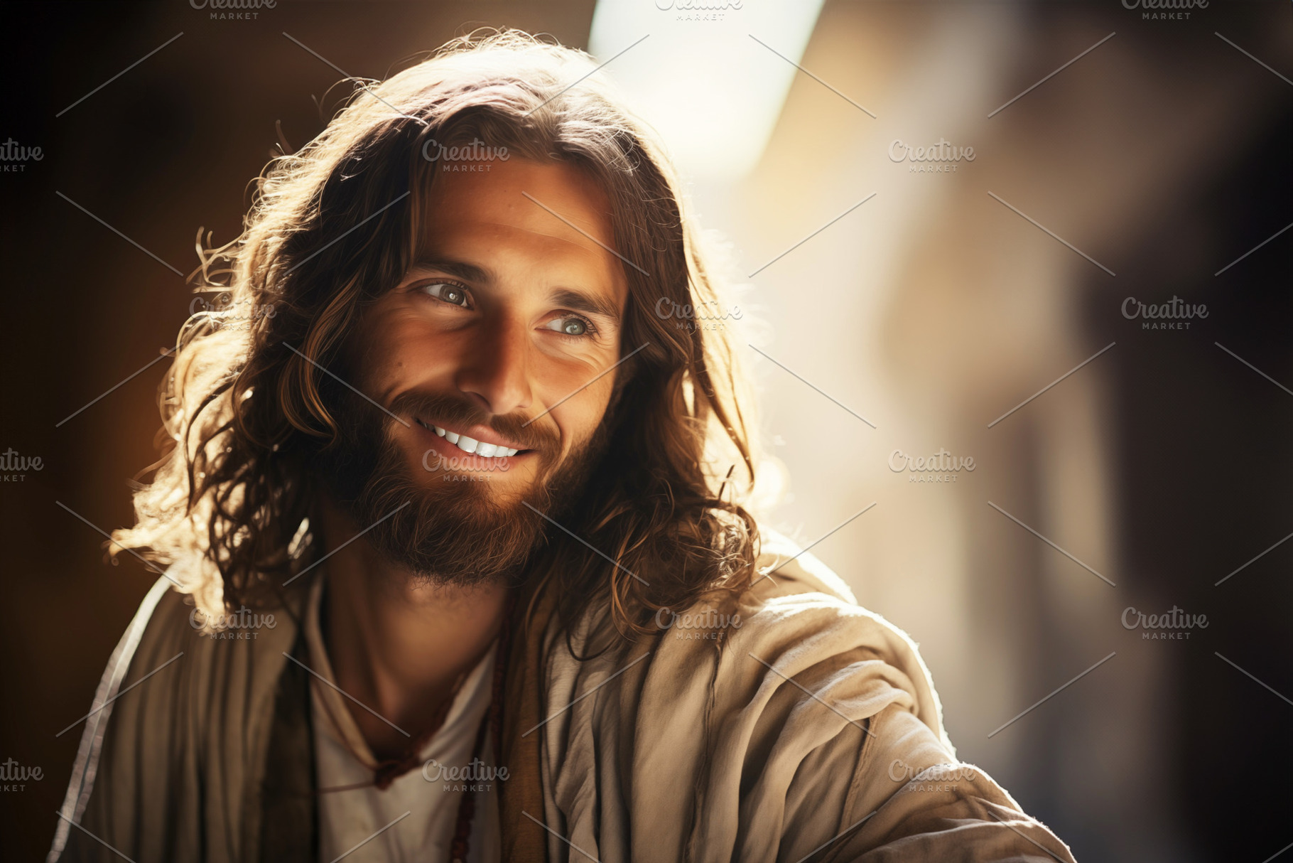 Smiling Jesus radiates all his kindness with his gaze and smile, a Person  Photo by ImageMir, image size:1820x1214