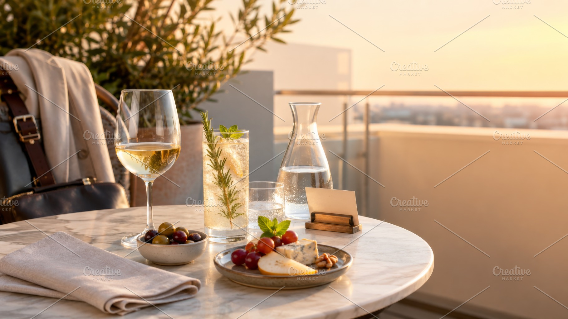 Rooftop dining setup with wine, appe, a Photo by Dvoevnore photos