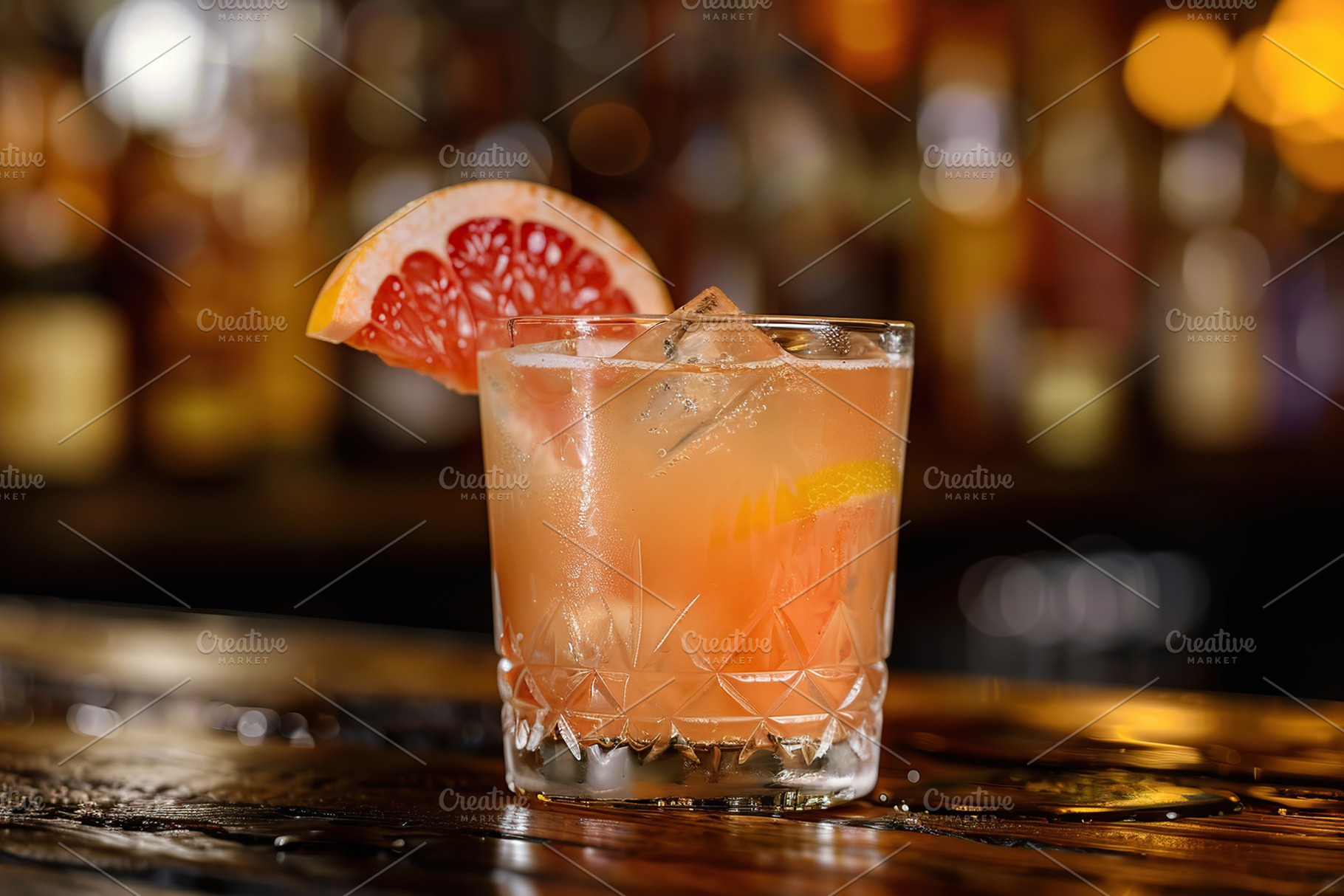 Red grapefruit cocktail in glass on table on blurred bar background, a Food & Drink Photo by AlyaAnd