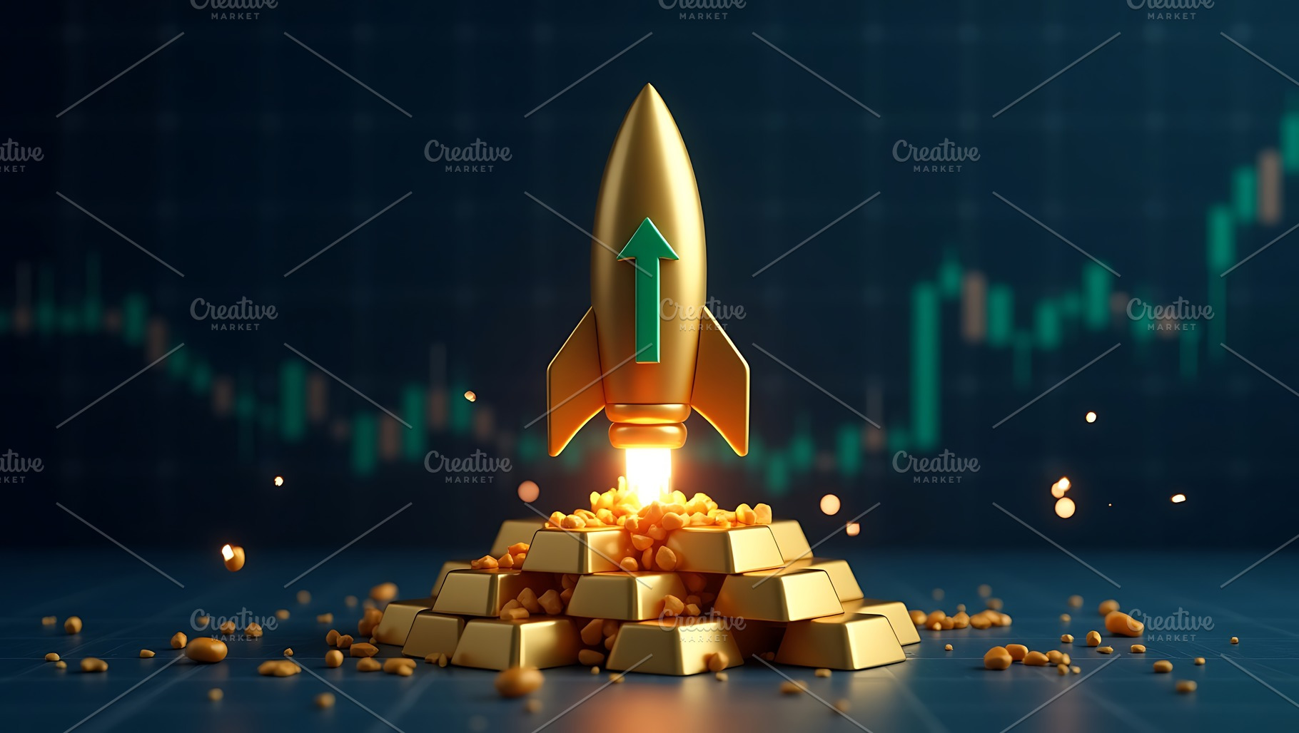 Golden rocket launching from gold, a Business Photo by Artonix