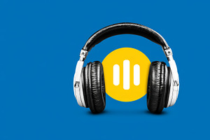Headphones over a yellow logo on a blue background, music and audio studio conc, an Illustration by AS photostudio