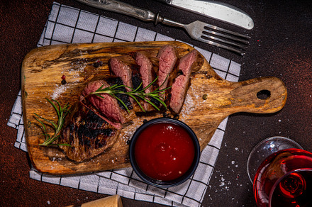 Grilled meat steak on dark table, a Food & Drink Photo by Rimma