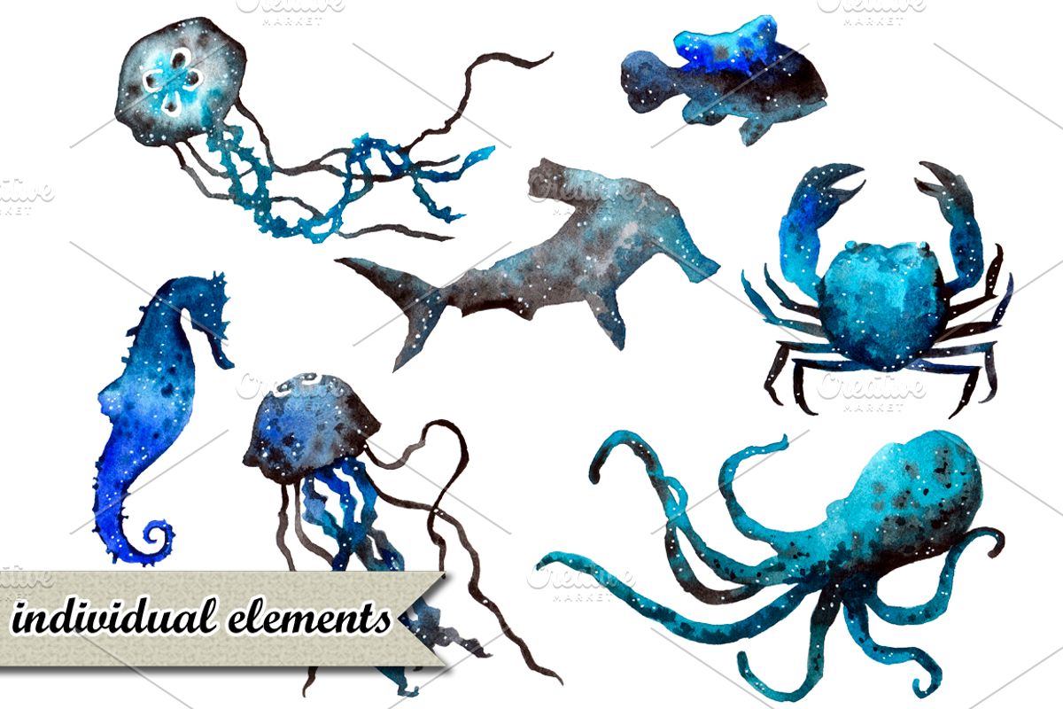 Watercolor whales & other creatures, a Pattern Graphic by 4erta (Photo 4 of 6)