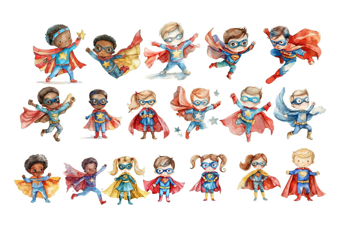 Superhero Kids Watercolor Clipart, a Person Illustration by artinspirestudio (Photo 3 of 3)