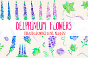Delphinium Flower Watercolor Bundle, a Seasonal Illustration by Violet LeBeaux (Thumbnail 1 of 3)