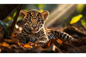 A jaguar cub lies amidst fallen, an Animal Photo by Igor Tichonow